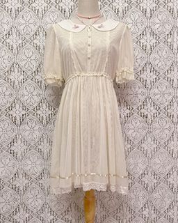 🌸Beige Mesh Ribbon Embellished Peterpan Collar Frilly Scallop Floral Lace Trim Decorative Pearl Button Puff Sleeve Semi Sheer Layering Dress Thrift Kawaii Lolita Princess Dollette Coquette Cottagecore