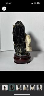 Black Tourmaline with Calcite raw stone crystal display with wood base