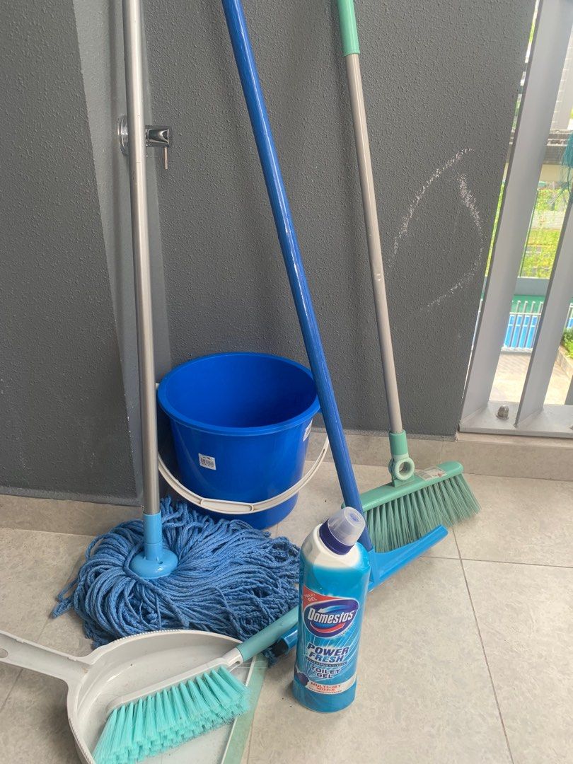 Broom, mop, bucket, wiper, brush and dust pan, toilet cleaner gel