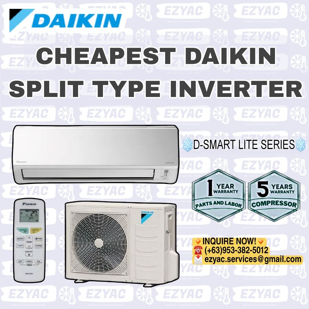 Cheapest Daikin Split Type Inverter 1.5HP (Category: Air Conditioning and Heating) located in Makati City. Submitted by ezyac.services (Listing ID 1233931015, Image 1). Description: Cheapest Daikin Split Type Inverter Looking for brand new and affordable aircon unit? Avail our SUMMER super promo on our AC units! ❗ ❗ ❗ Hurry! Big discount! Huge sale!❗ ❗ ❗ The lowest price of Daikin inverter in the Philippines💲 💲 💲 DAIKIN D-SMART LITE SERIES MOD