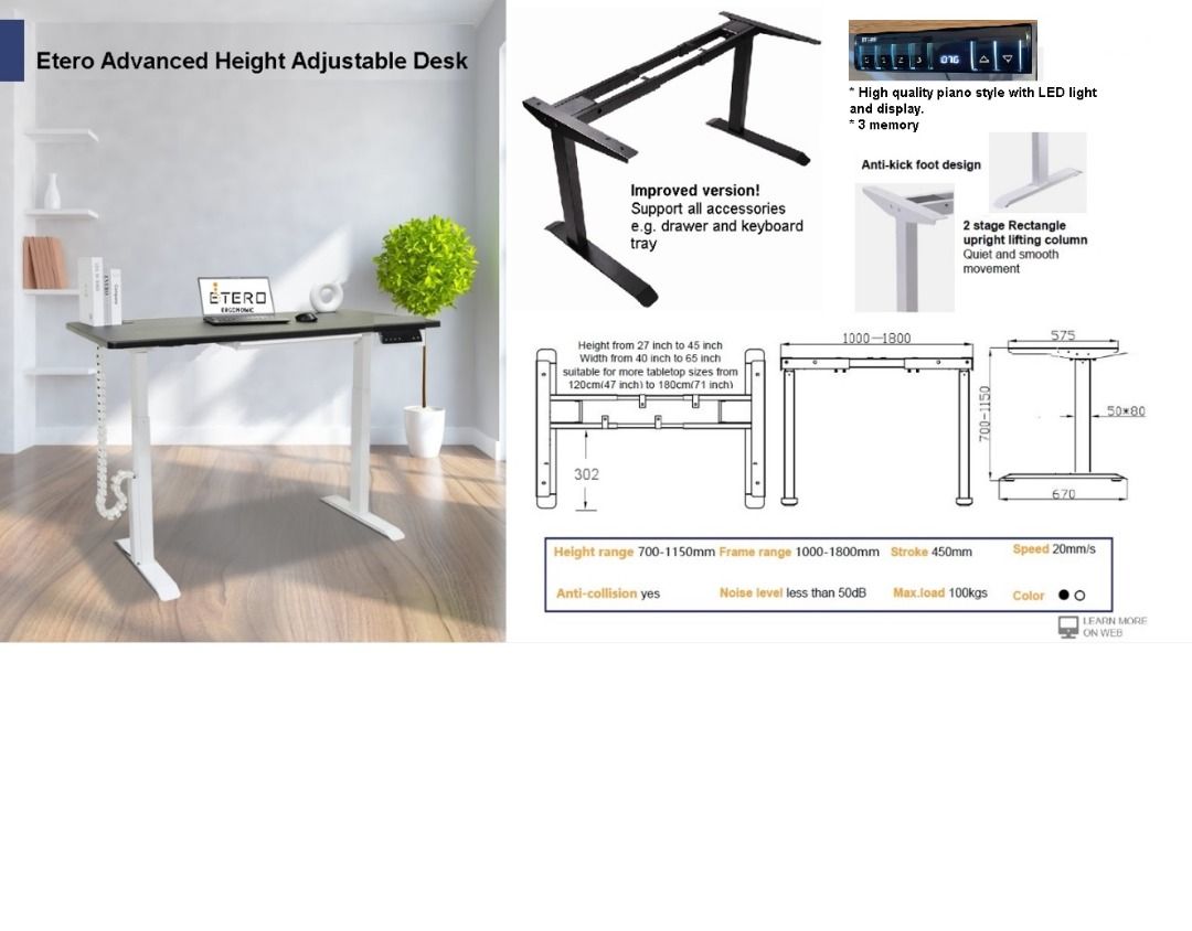 Etero Professional Dual-Motor Height Adjustable Desk (140 x70 or 120 ...