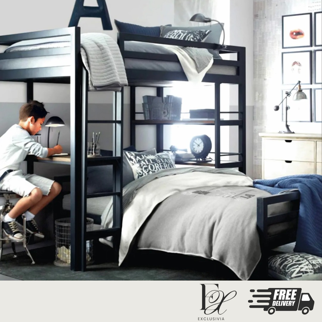 FEXLOX Industrial Study Table Bunk Bed, Study bunk bed, loft bed, desk