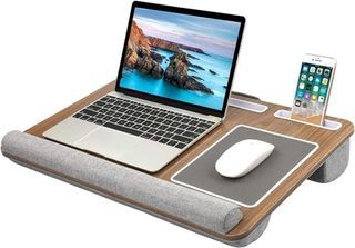 Fits up to 17 inches Laptop Desk HUANUO Lap Desk Built in Mouse Pad & Wrist Pad for Notebook, MacBook, Tablet, Laptop Stand with Tablet, Pen & Phone Holder (Brown)