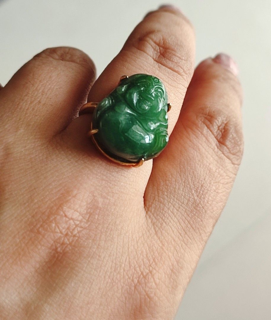 Green Jadeite JADE Laughing Buddha Ring Adjustable size Women s