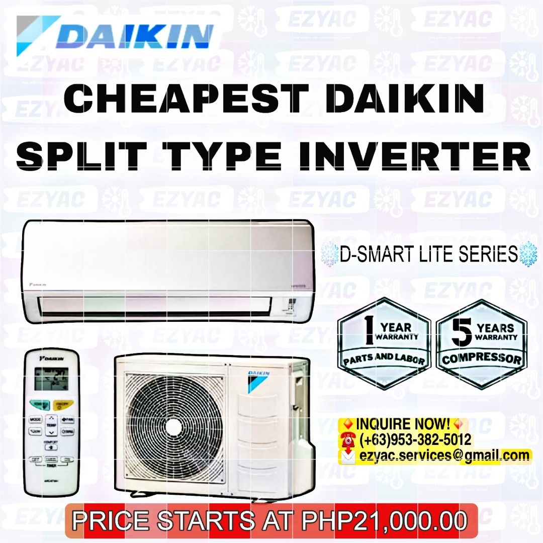 LOWEST PRICE Daikin Split Type Inverter 2.0HP (Category: Air Conditioning and Heating) located in Makati City. Submitted by ezyac.services (Listing ID 1233933899, Image 1). Description: Cheapest Daikin Split Type Inverter Looking for brand new and affordable aircon unit? Avail our SUMMER super promo on our AC units! ❗ ❗ ❗ Hurry! Big discount! Huge sale!❗ ❗ ❗ The lowest price of Daikin inverter in the Philippines💲 💲 💲 DAIKIN D-SMART LITE SERIES