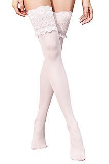 Lucky Doll® White Bridal Wide Lace Top Preium High Quality Sheer Silky Smooth Nylon Stay Up Thigh High Stockings Hosiery Lingerie