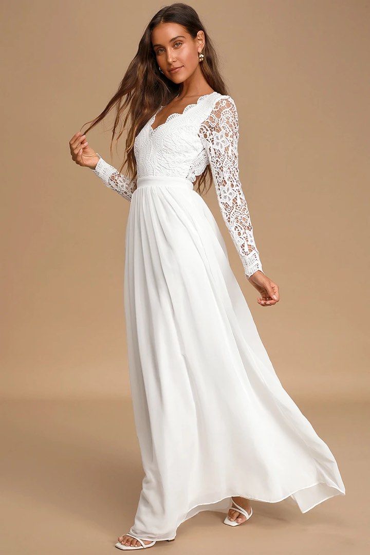 Lulus Awaken My Love White Long Sleeve Lace Maxi Dress Women s