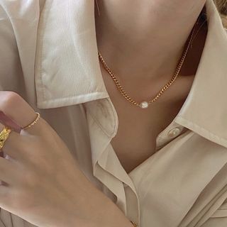 【My.SO】14K厚鍍金『珍珠』金色・細扁鍊