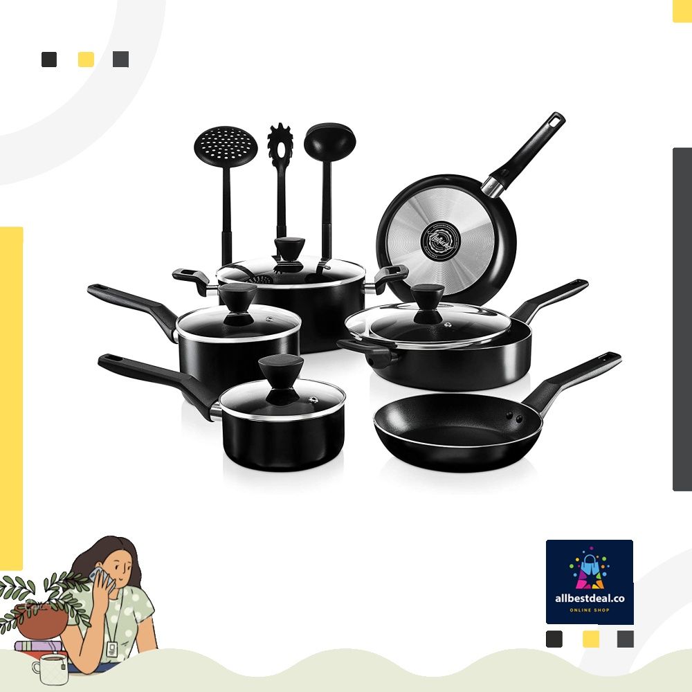 NutriChef 13 Piece Aluminum Nonstick Kitchen Cookware Pots and Pan Set with  Lids, Strainer and Cooking Utensils, Black