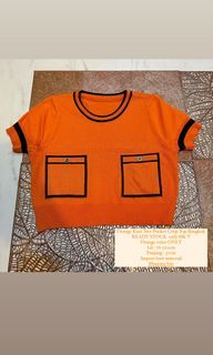 Orange Knit Two Pocket Crop Top Bangkok rajut import bkk