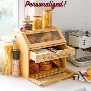 Personalized Valentines Gift Bamboo Bread Box Kitchen Organizer Rack Counter Top Cabinet Storage Bin