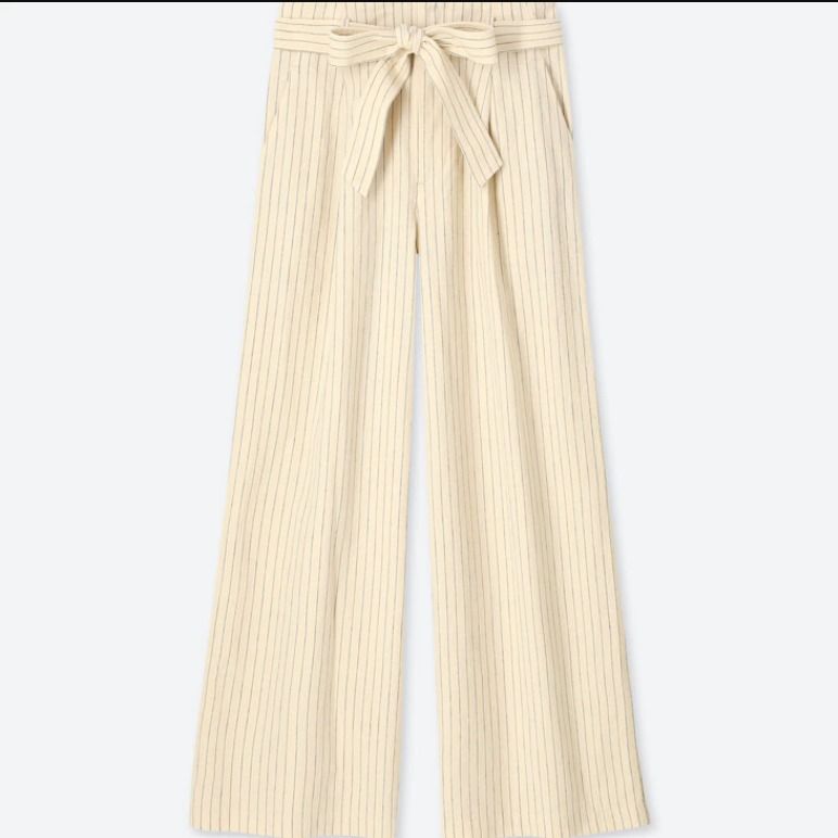 UNIQLO Belted Linen Cotton Wide Straight Pants White Striped Size