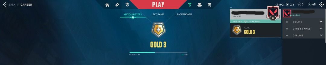 VALORANT RANKED GOLD 3 44RR SMURF ACCOUNT