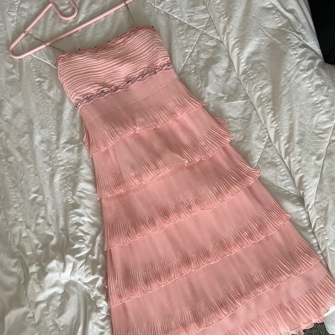 Vintage Baby Light Pink Ruffle Pleated Jeweled Midi Dress on Carousell