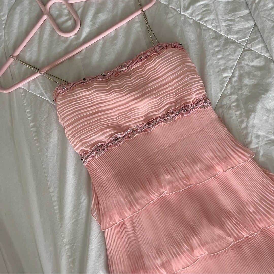 Vintage Baby Light Pink Ruffle Pleated Jeweled Midi Dress on Carousell