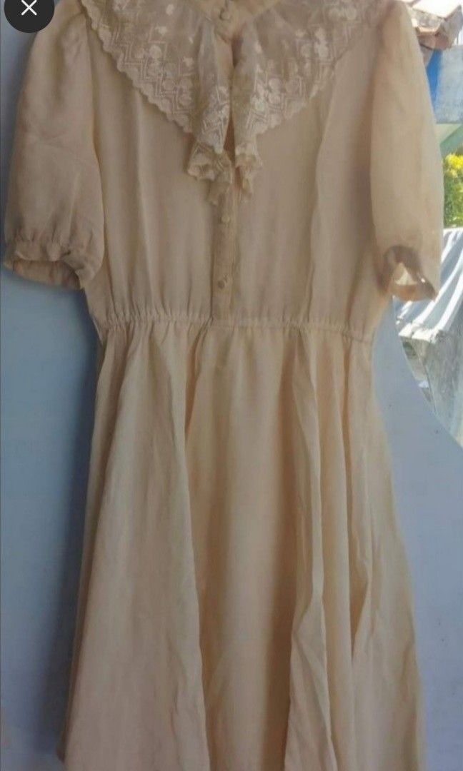 Vintage cream midi dress cute lucu kawaii furing lace sifon chiffon ...