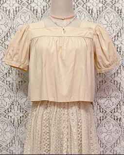 🌸Beige Linen Square Neck Button Detail Cuffed Puff Sleeve Boxy Crop Top Blouse Thrift Minimalist Muji