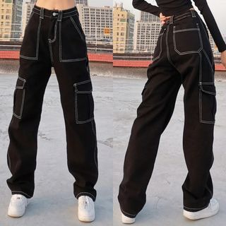 black high waist flap pocket whip stitch cargo jeans black contrast stitch utility pockets cargo pants