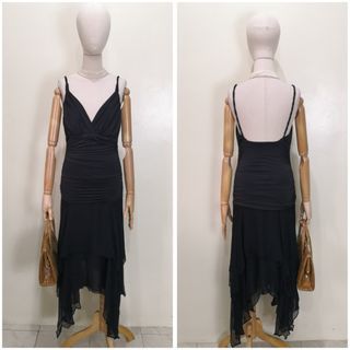 CL216 - Arden B Black Twisted Strap Stretchable Dress with Semi-sheer Flowy Asymmetrical Skirt - Clearance Sale