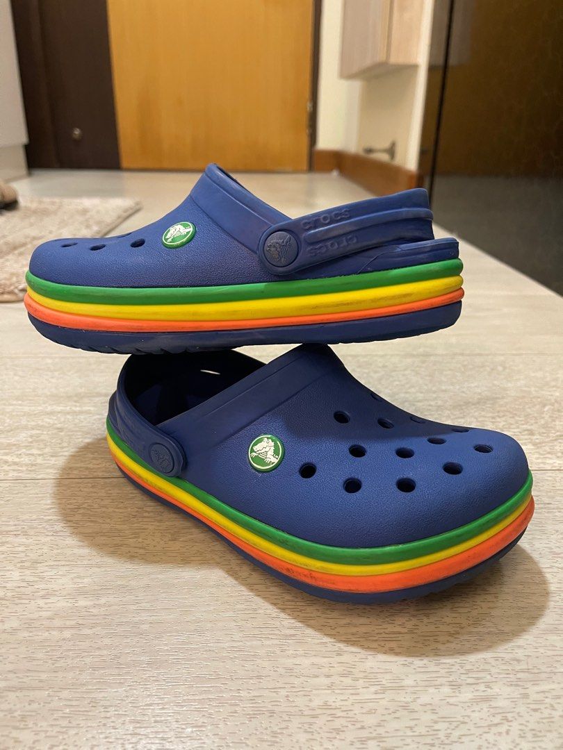 CROCS Junior Size Clogs Shoes Classic Blue Rainbow Stripe For Children Kids Size J2 Good Like New Condition
