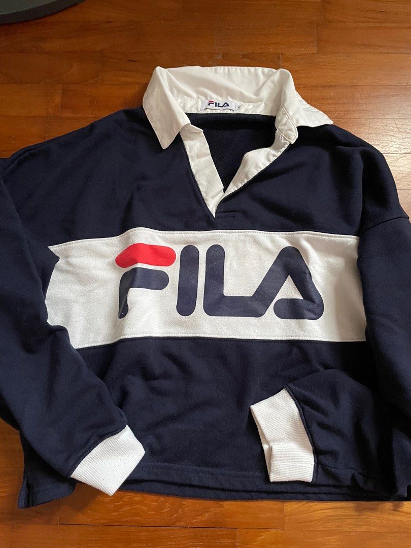 Fila pullover sweater hoodie blue navy white collared crop Women s Fashion Coats Jackets and Outerwear on Carousell