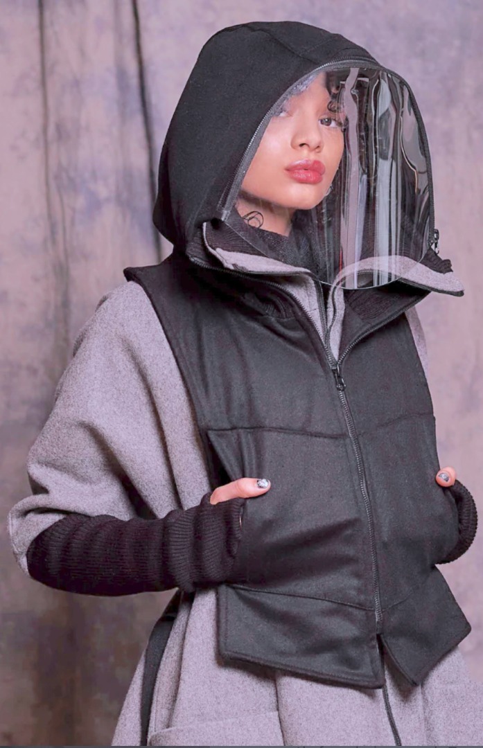 Black Wool Hooded Vest with Detachable Face Shield for Safe