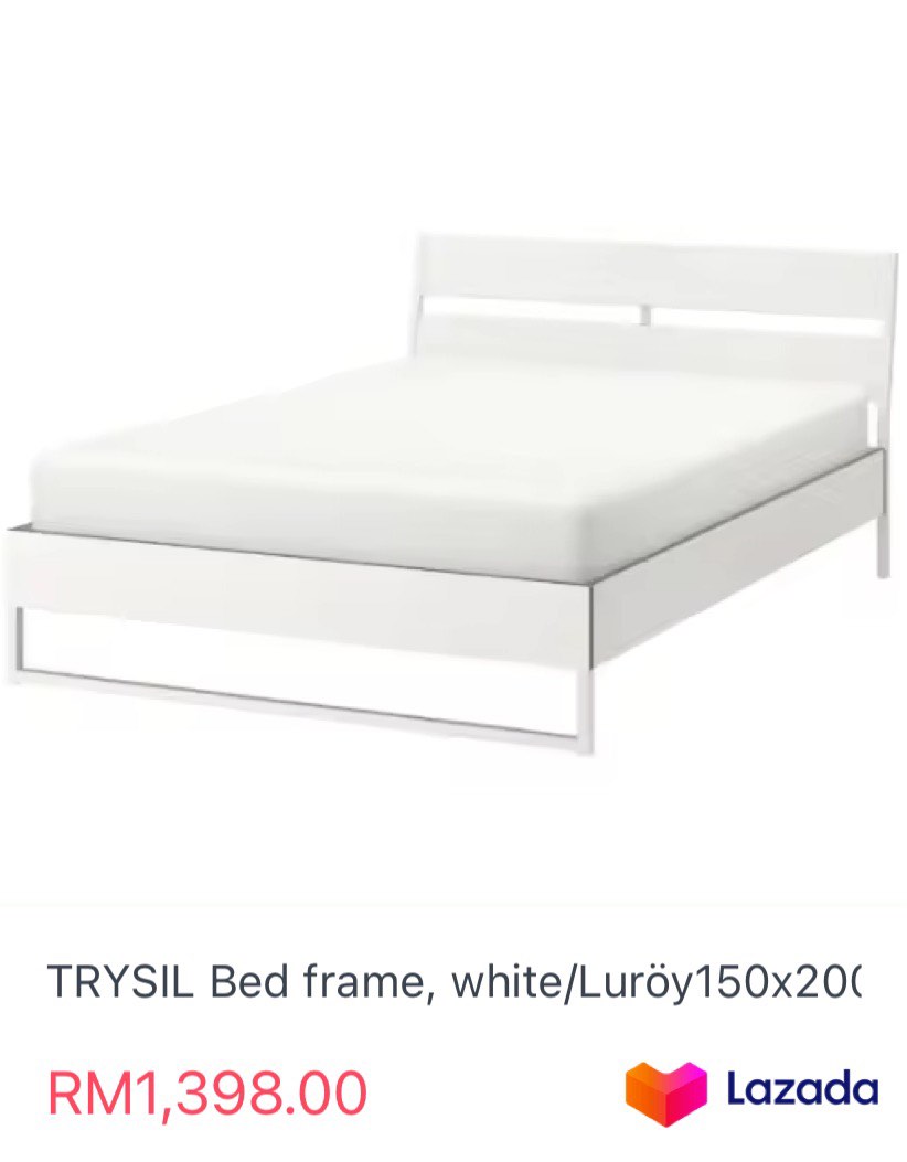 Ikea Trysil Double Bed (White) Bed Frame with Luroy Slate, Furniture