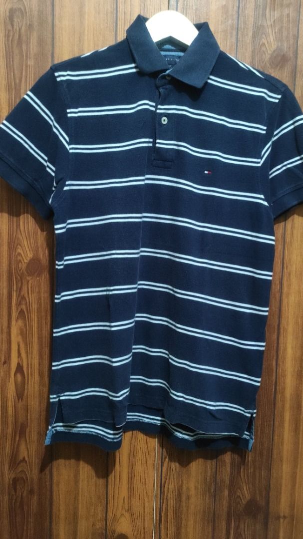 Kaos Polo Tommy Hilfiger Biru Garis Putih, Fesyen Pria, Pakaian