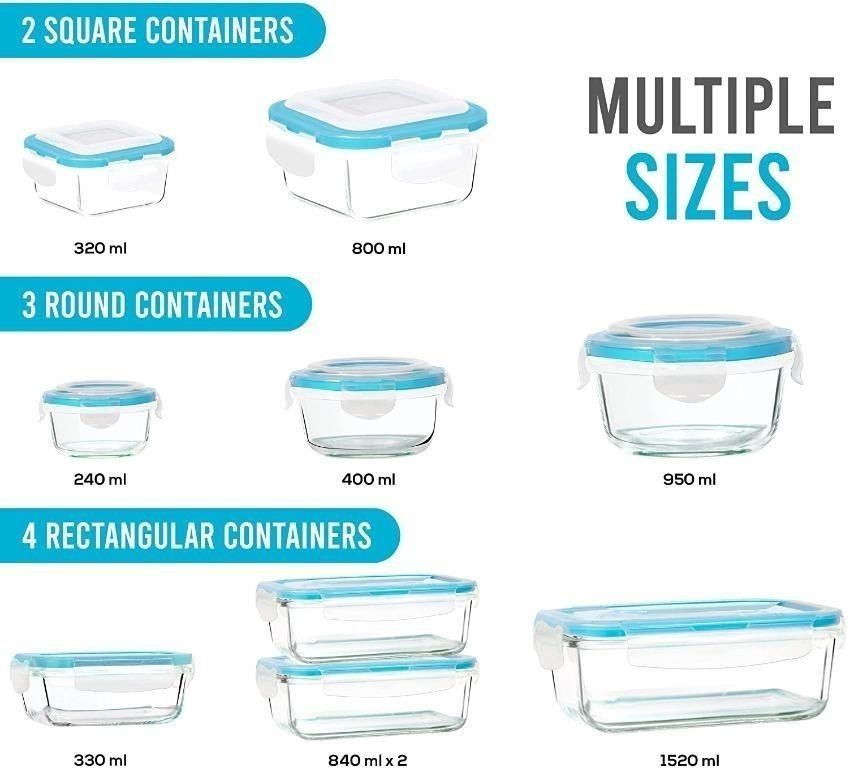 KICHLY Glass Food Storage Container Set Set of 18 (9 Containers and 9