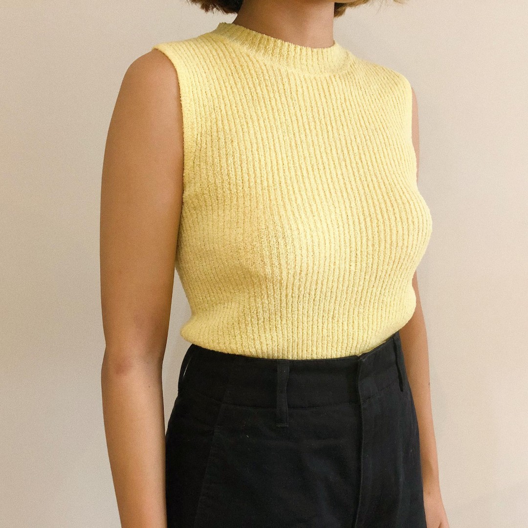 lemon yellow knit top, Women's Fashion, Tops, Sleeveless on Carousell