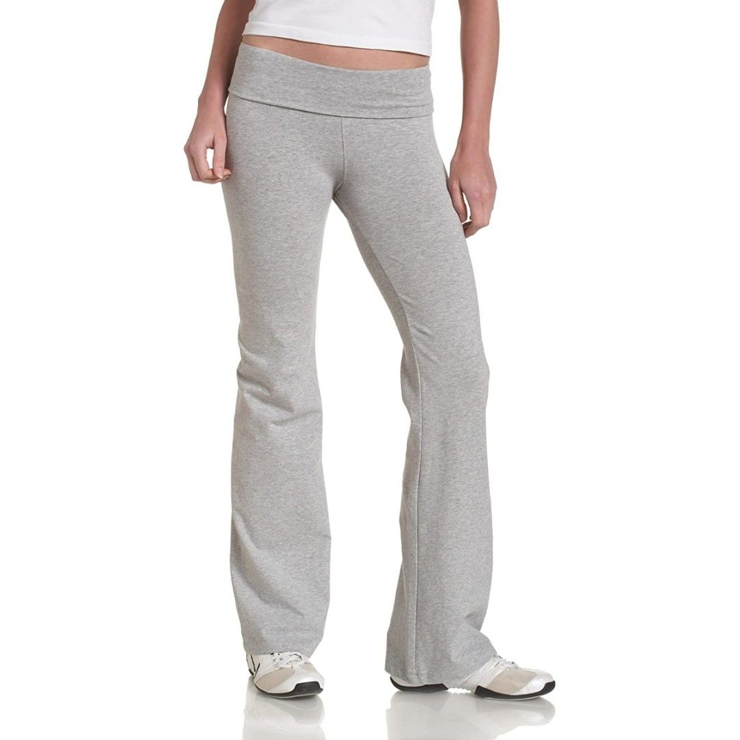 low rise grey fold-over flare yoga pants, Women's Fashion, Bottoms, Jeans & Leggings  on Carousell