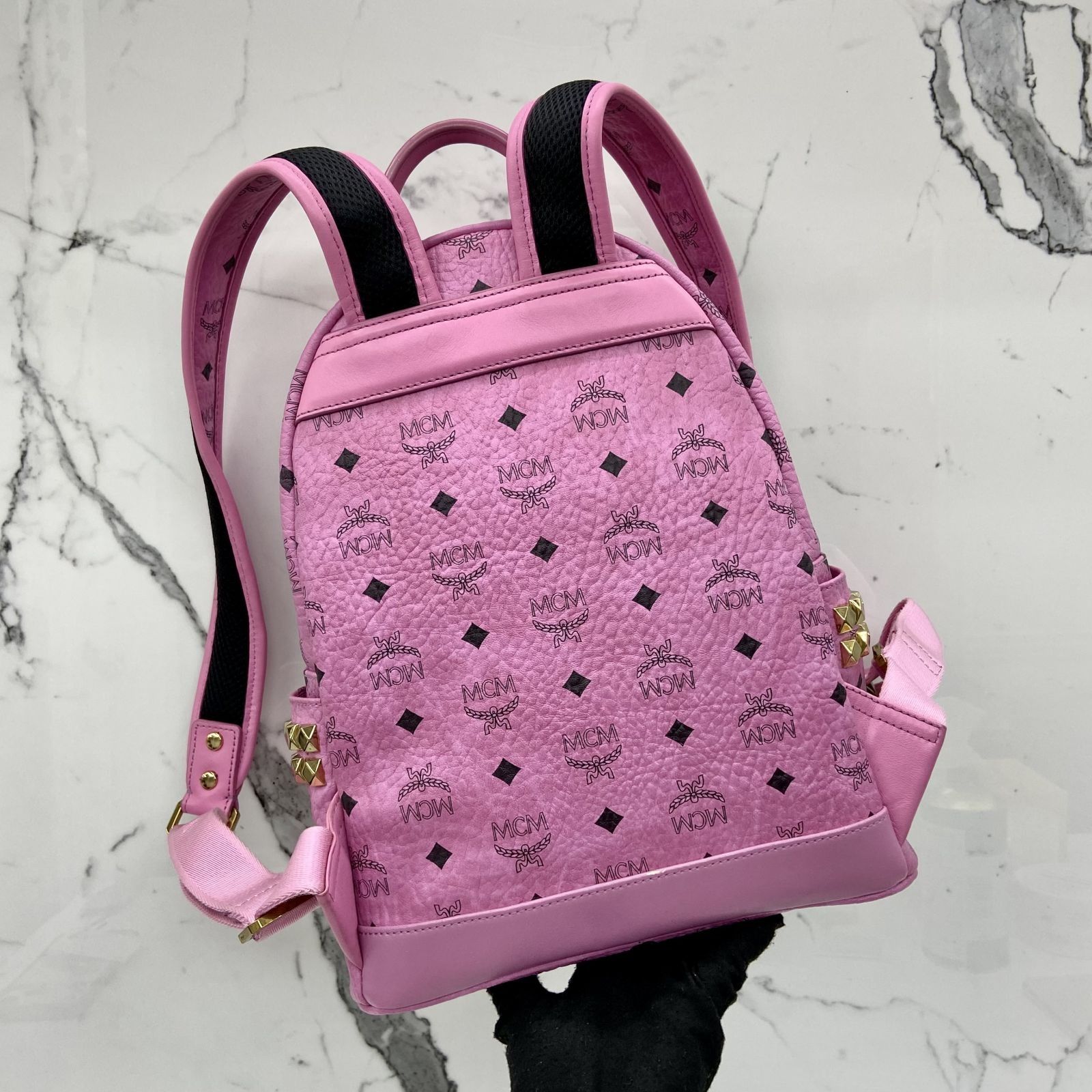 Mcm mini pink leather best sale backpack