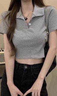 歐美短板貼身polo衫灰色 V領