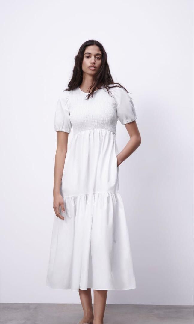 ZARA white poplin panelled maxi Midaxi white shirred