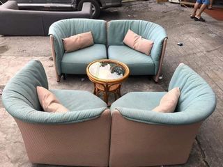 SALE!!! SALE!!! SALE!!!
NOW : 12000💸💸💸
4 pieces lounge chair set
Before : 14700 set

42L x 34W x 30H inches each
With pillow each
Center table not included 
In good condition