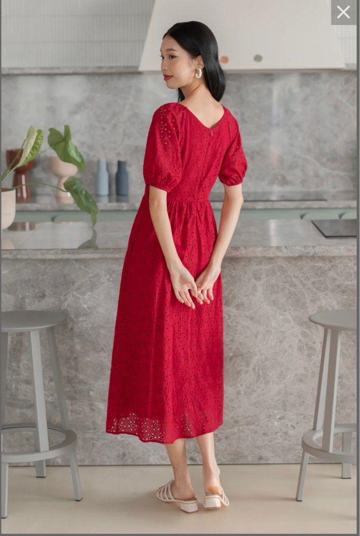 Red sleeve cheap midi dress