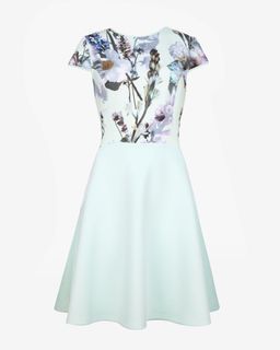 UK 8 TED BAKER “Faythe” torchlit floral skater dress aqua blue green grey purple cap short sleeve A line fit and flare wedding occasion D&D, Cocktail, formal 