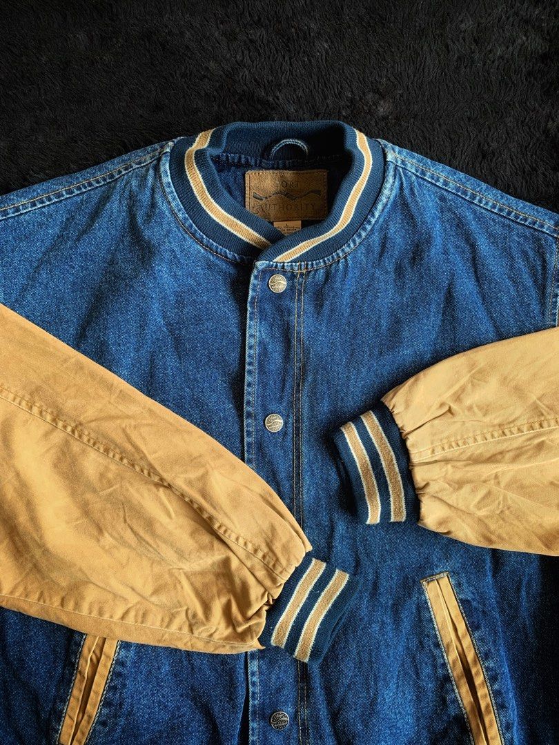 VINTAGE DENIM AND KHAKI VARSITY JACKET BY PORT AUTHORITY