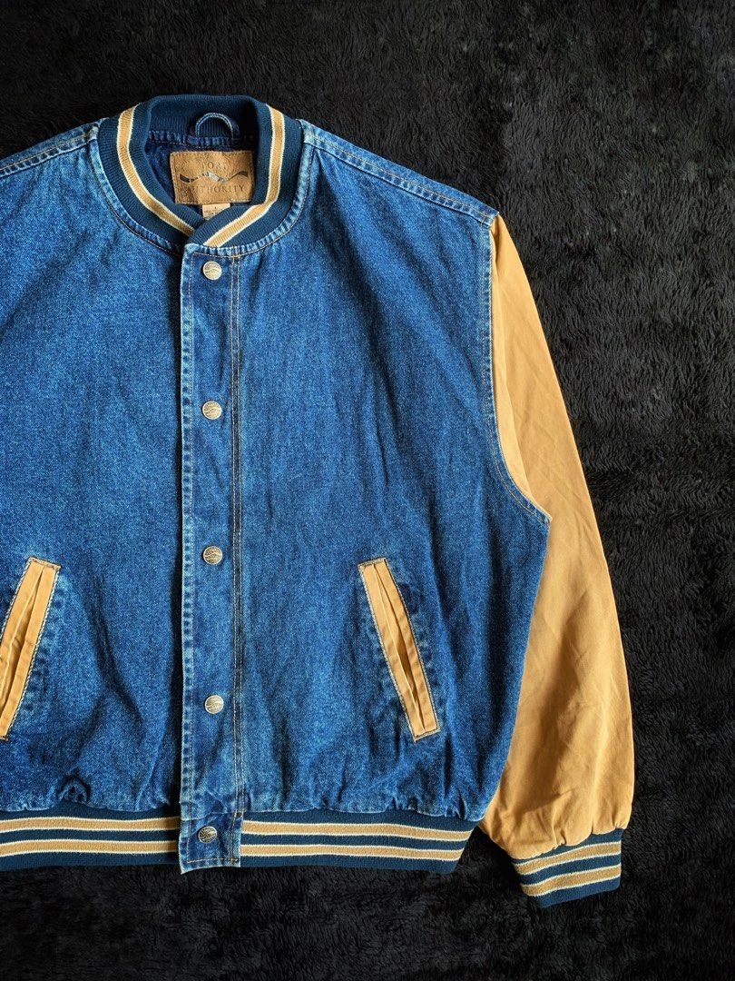Vintage denim varsity jacket with khaki sleeves outlet