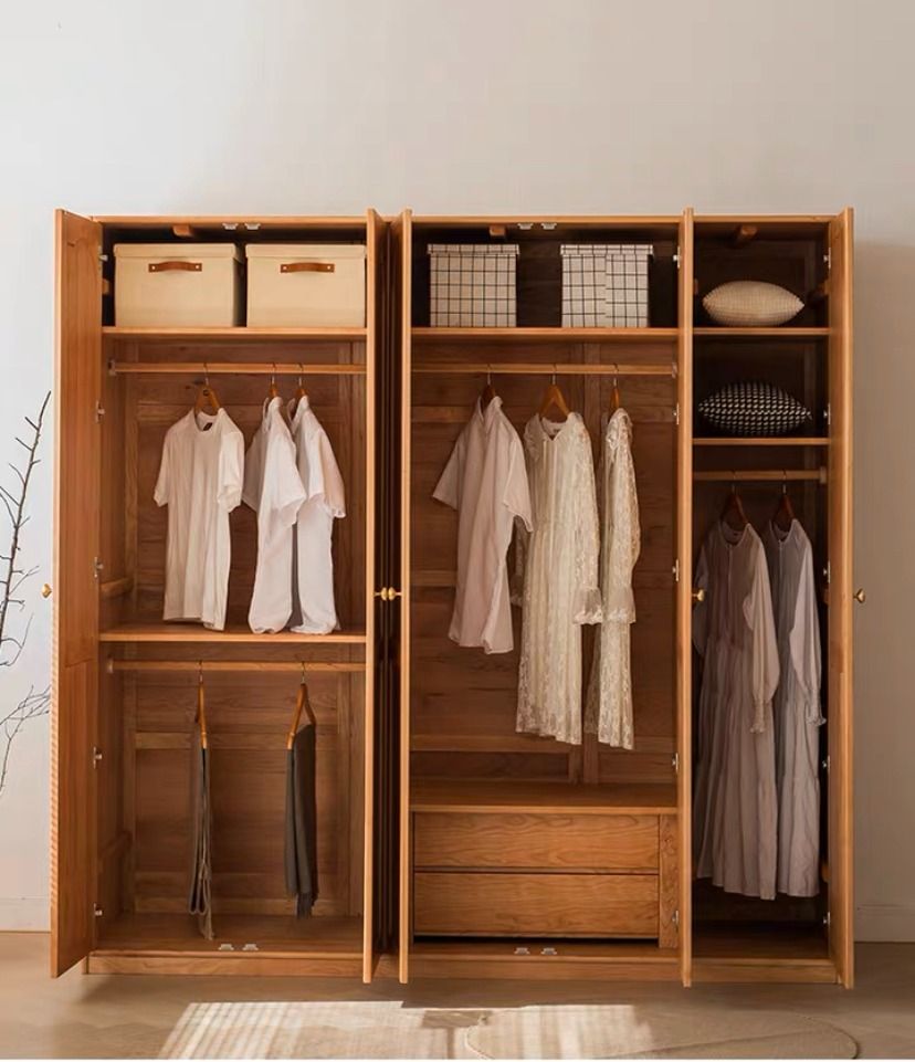 Wooden Wardrobe Collection Customized Nordic all Solid wood Wardrobe Cherry wood Oak Japanese Vintage original wood Unpainted Arch door Overall