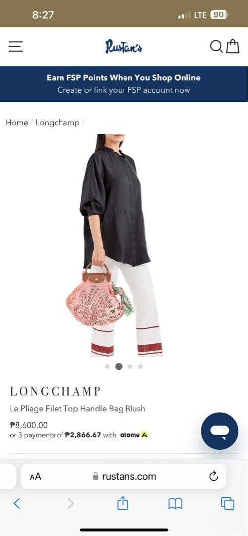 100% Authentic LONGCHAMP Le Pliage Filet Top Handle Bag Blush
