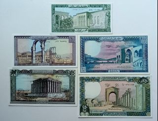 黎巴嫩1964-1993年5,10,50,100,250元各一張UNC, 紙邊有微黃
