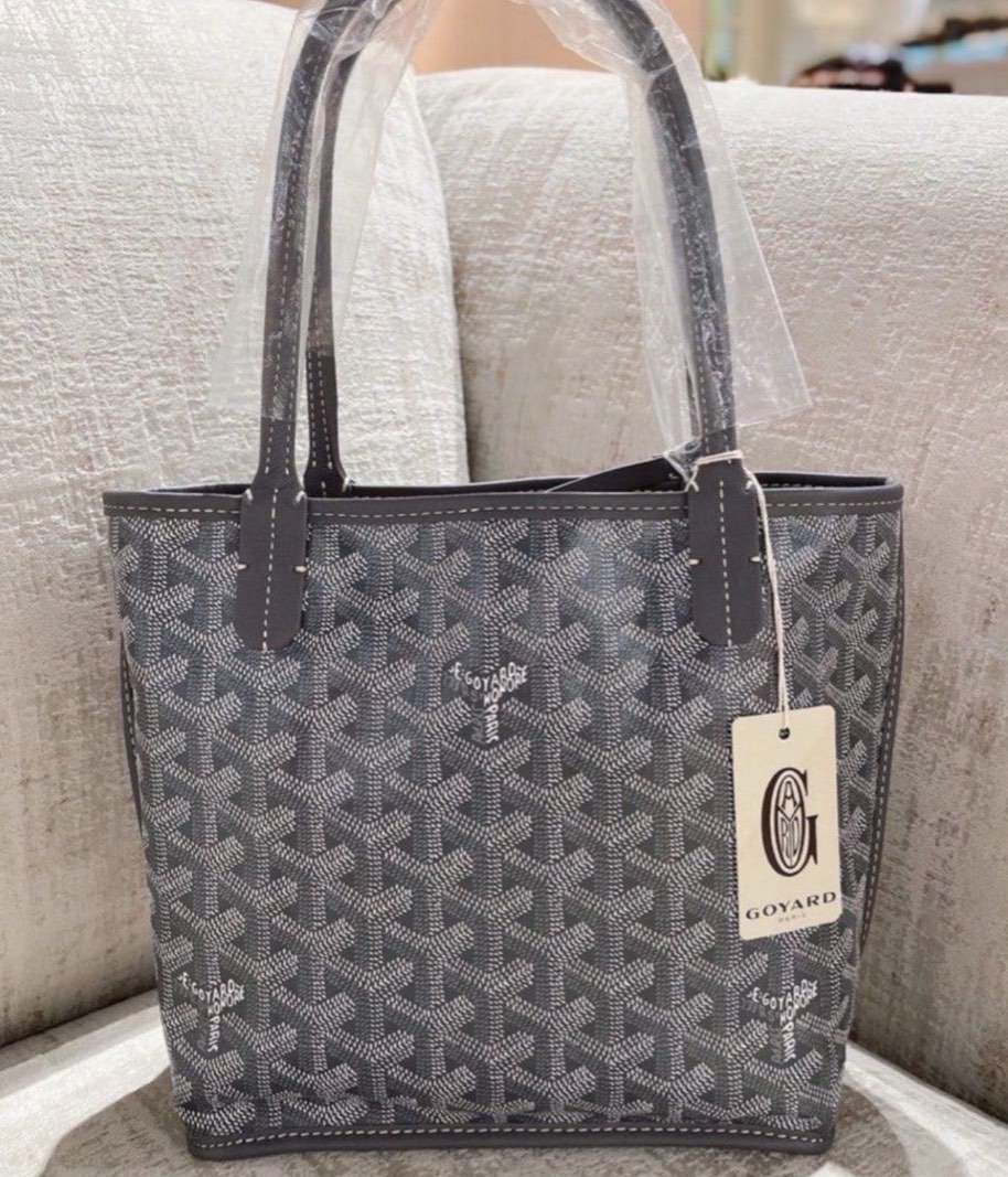 goyard anjou mini tote bag grey leather and grey canvas, with dust cover