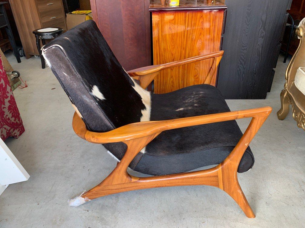 Black And White Cowhide Hairy Leather Slingback Chair, Furniture & Home