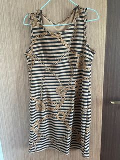 Brown Dress with Black Stripes and Gold Chain Design