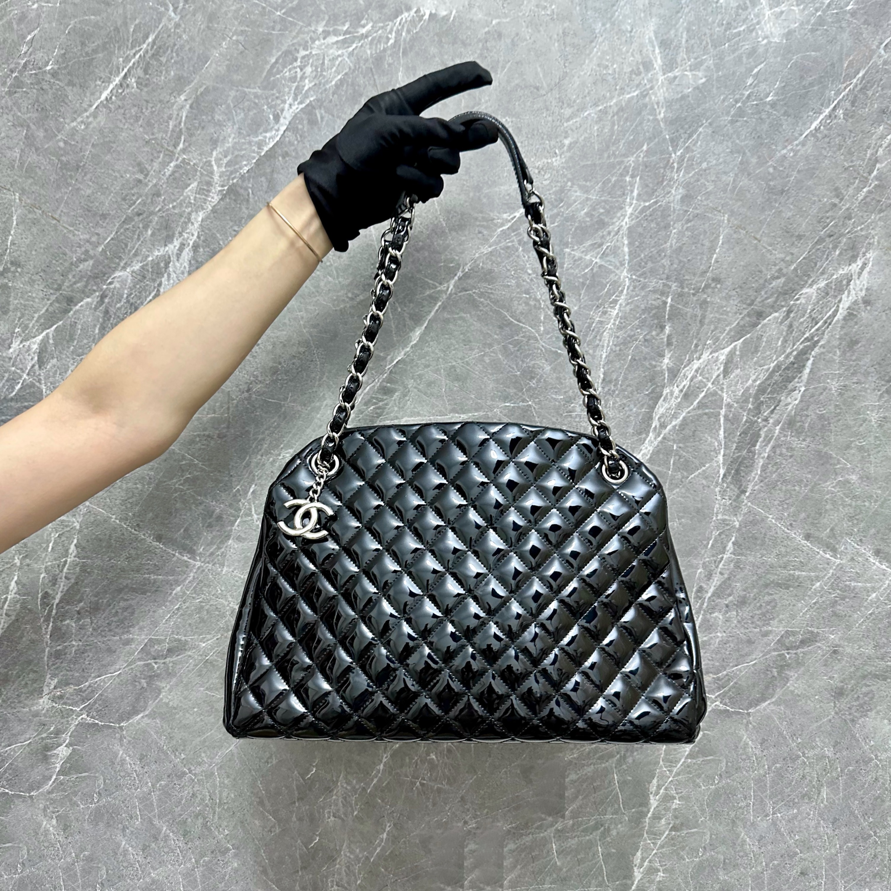 Chanel Mademoiselle Bowling Bag Black Patent Leather, Luxury, Bags & Wallets on Carousell