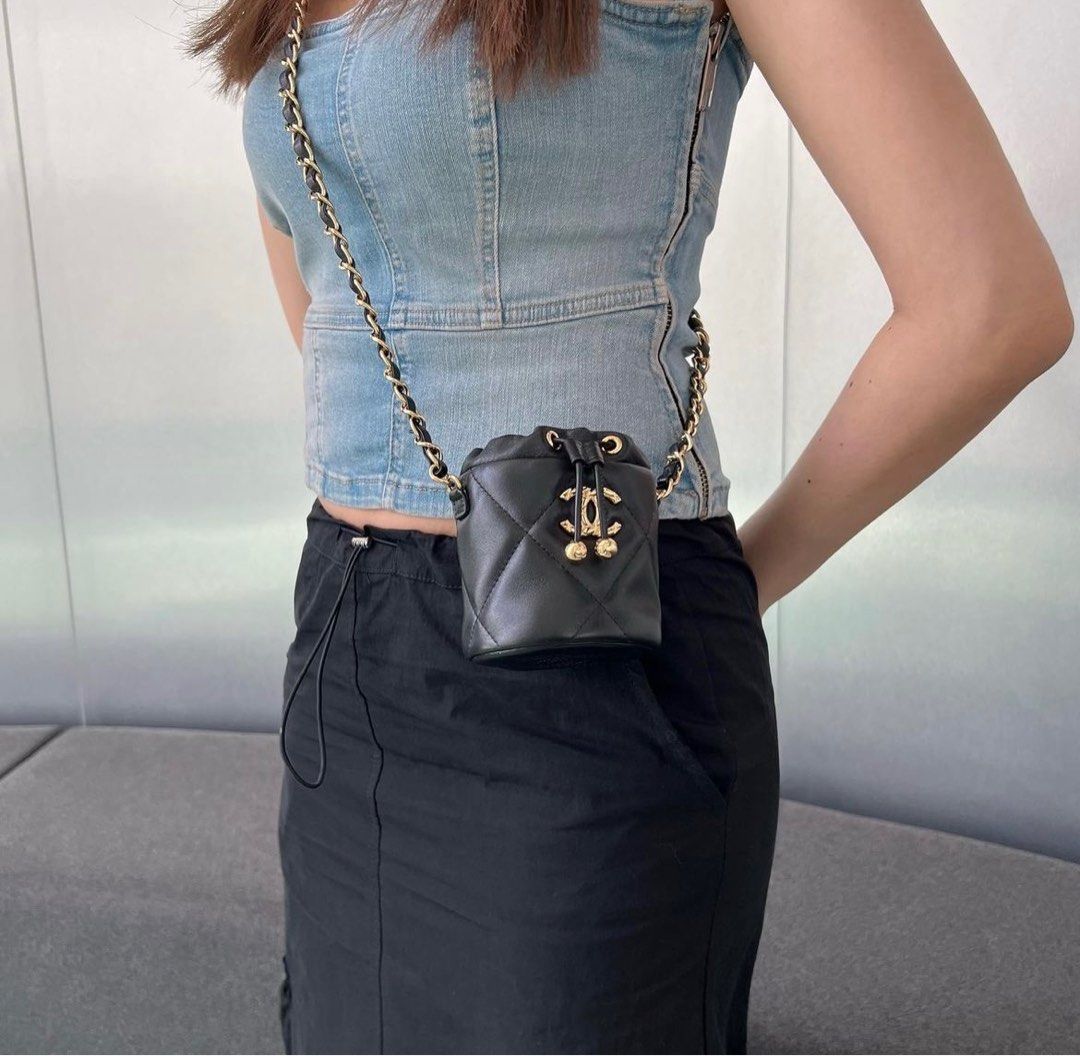 Chanel Calfskin Quilted Mini Drawstring Bucket Bag Black