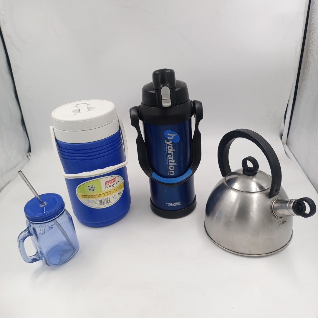 Coleman 1/2 GALLON JUG / Mason Drinking Jar / SUNNEX Whistling Kettle / THERMOS hydration on