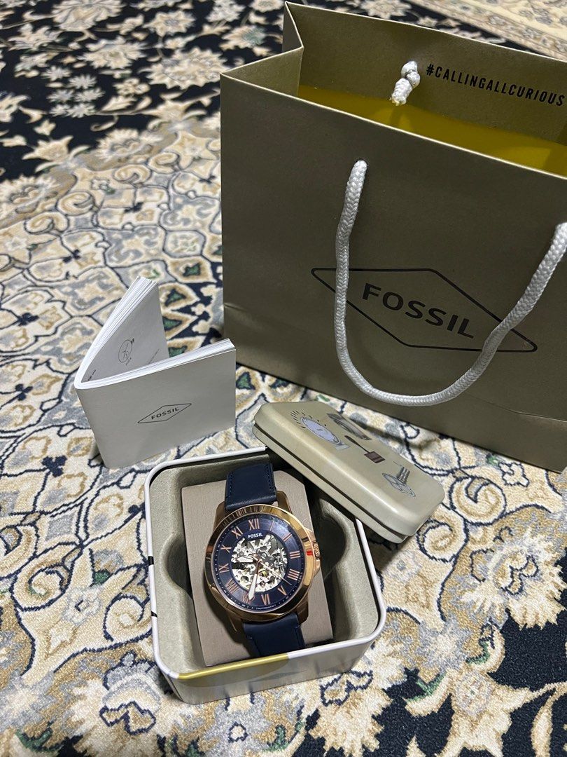 Fossil grant automatic store blue leather watch