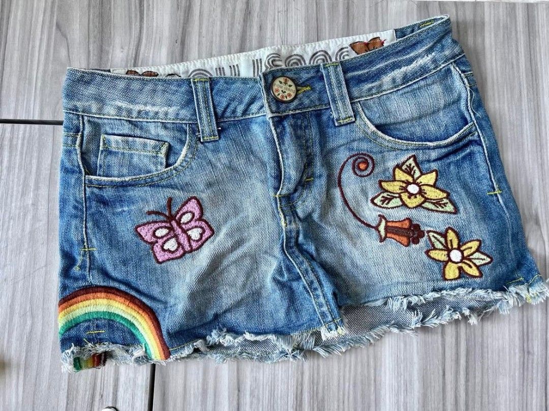 Fox denim cute graphic print mini skirt rainbow flower bird